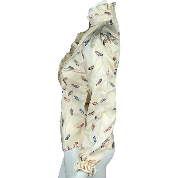 Vintage 90s Cream Feather Print Ruffle Victorian Style Blouse Size Small - Picture 3 of 8